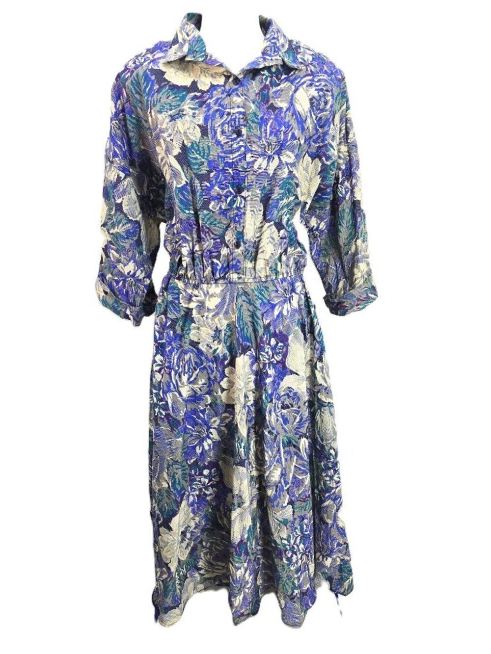 VTG The American Shirt Dress Blue Floral Collared Long Sleeve Women Size 18 USA